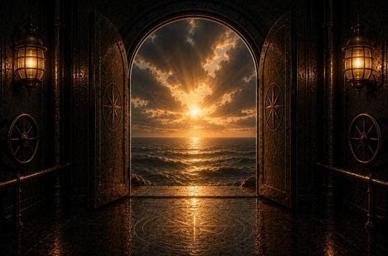 Un umbral abierto hacia el amanecer sobre el mar — el umbral de la conciencia
