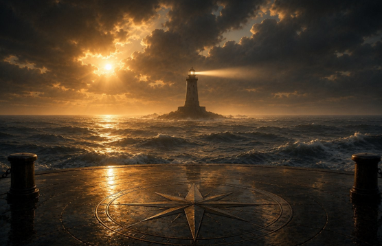 Un faro y una rosa de los vientos sobre el mar al atardecer — trazar el rumbo